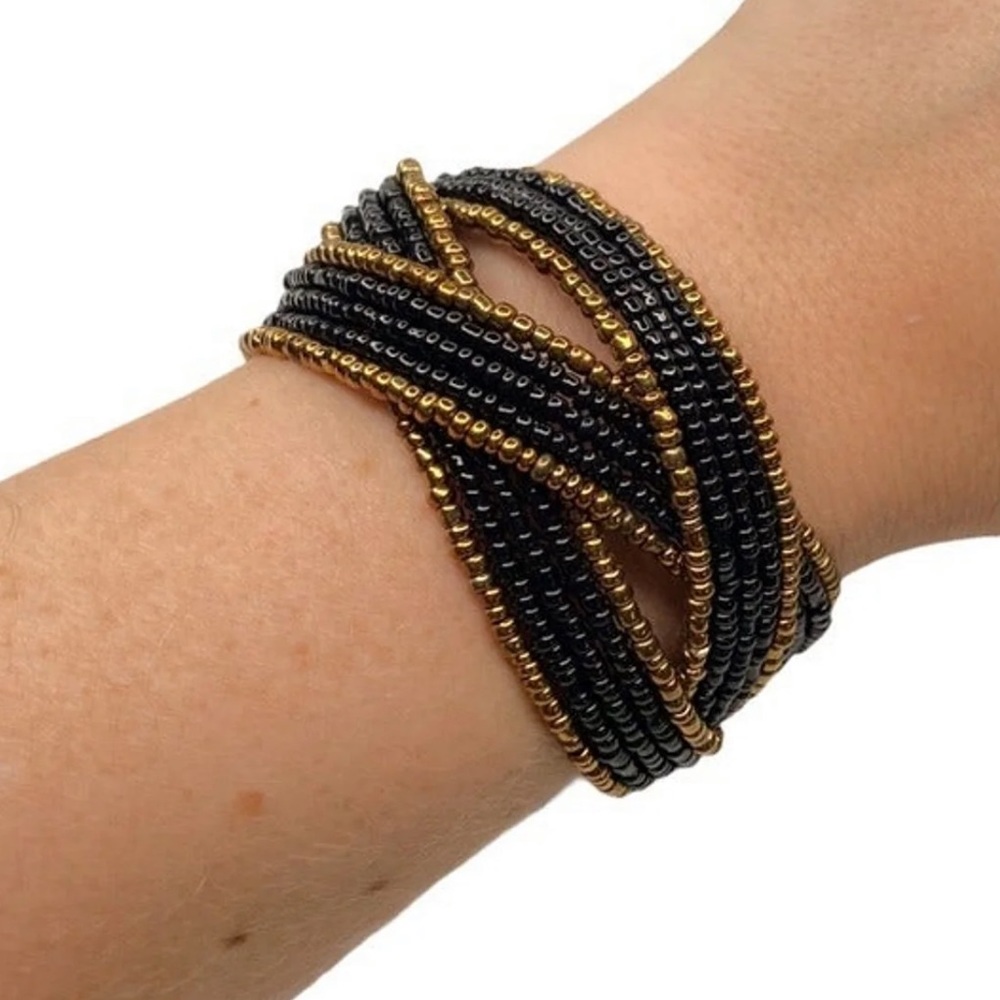 Bohemian Women’s Beaded Bangle Black Gold Wrap Bracelet Western Adjustable Shape
